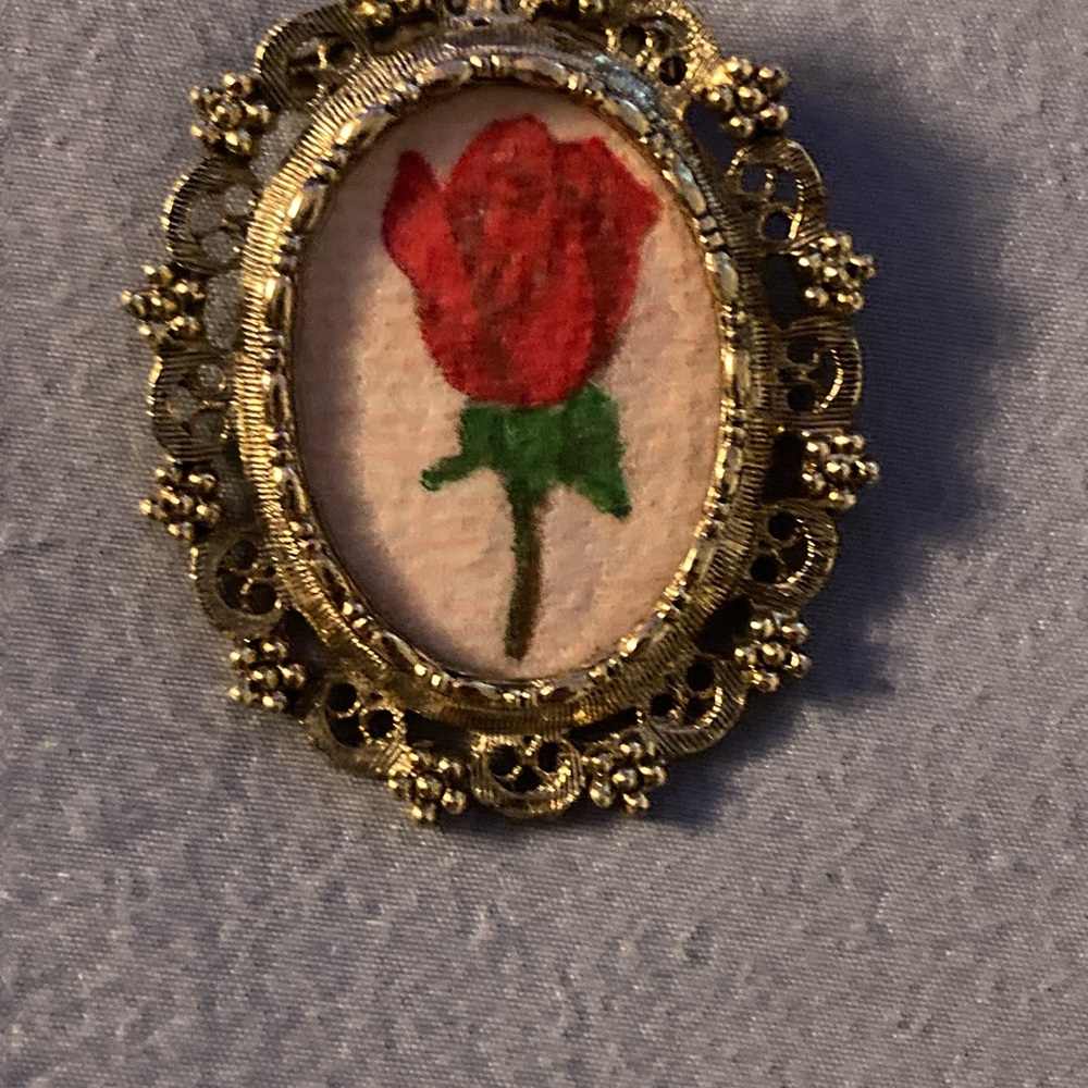 Vintage Gold Brooch With Red Rose Design - image 1